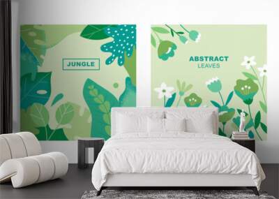 Set of cards with simple leaves and flowers. Abstract foliage design. Modern floral collection in flat style. Vector illustration. Wall mural