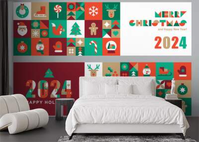 Set of horizontal banners with Christmas and New Year icons in abstract modern geometric flat style.Bauhaus design.Winter holidays.Seasons greetings.Vector illustration.Templates for packaging and web Wall mural