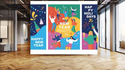 Set of posters with happy young fashion-dressed people celebrating the New Year.  Flat cartoon colorful vector illustration. Templates for card, banner or flyer.   Wall mural