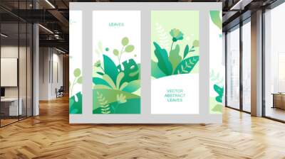 Set of vector abstract summer backgrounds with copy space for text. Vertical templates for social media stories, event invitations, greeting cards, advertising banners. Foliage designs in flat style. Wall mural