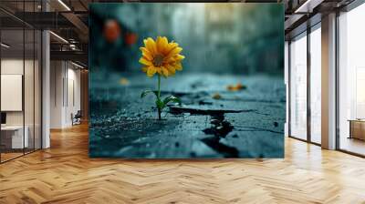 Small flower grow on cracked street Wall mural