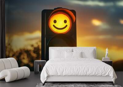 Smiley face on traffic light, sunset backdrop Wall mural