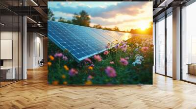 Solar panels absorbing sunlight on a modern rooftop Wall mural