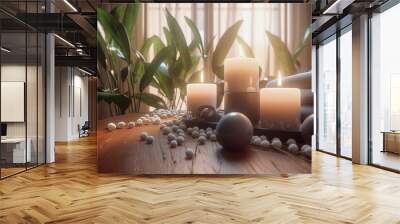 Spa concept with stones and candles. Super photo realistic background, generative ai illustration Wall mural