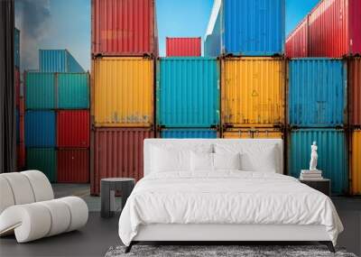 Stacked cargo containers in the storage area of freight sea port terminal Wall mural