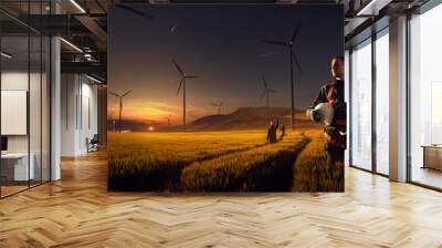 Happy engineer feel success after good work. He standing and looking beautiful sunset landscape Wall mural