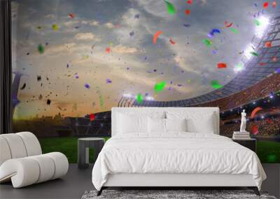 stadium sunset Confetti and tinsel with people fans. 3d render illustration cloudy sky  Wall mural