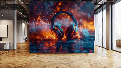 Stereo headphones exploding in festive colorful splash, flame and smoke with light effects on loud music sound, pulse, beats and flow, 3d render Wall mural