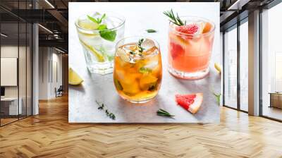 Summer refreshing fruit drinks with ice on a grey background. Wall mural