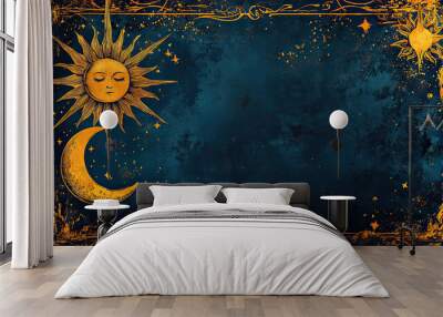 Sun, Crescent Moon, and Stars in Golden Ornamental Border Wall mural