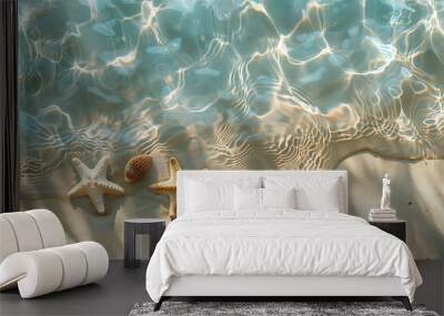 Sun lights shadow in wavy water on abstract sand background, beautiful abstract spa concept banner of sea paradise island, top view Wall mural