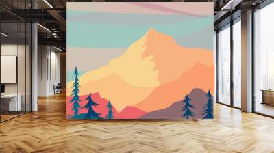 sunny landscape with mountains. warm illustration with hills, trees and clouds. Vector horizontal background Wall mural