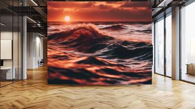 Sunset's dramatic waves in the red ocean, with dark water Wall mural