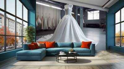 Sweet modern white wedding dress in the luxury room. Super photo realistic background, generative ai illustration Wall mural