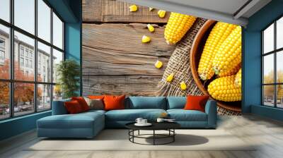 tasty corn in a plate on a wooden background Wall mural