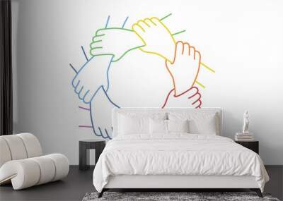 Teamwork. Seven United Hands. Line drawing vector illustration. Wall mural