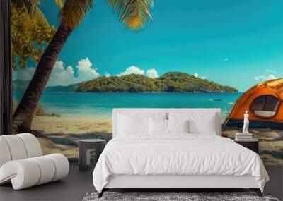 tent on the shore of a tropical beach. Selective focus Wall mural