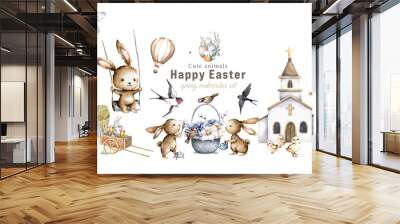 Hand drawn watercolor happy easter set with bunnies design. Rabbit isolated farm illustration on white. Cute baby bunny rabbit illustration for design Wall mural