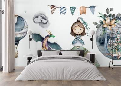 Princess and flying dragon, air balloon. Kid watercolor adventure set isolated cartoon scandinavian illustration on white background Wall mural