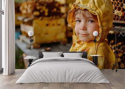 the child stands on the background of beehives. Selective focus Wall mural