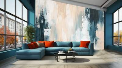 The gestural brushstrokes and contrast of black against tranquil blue tones in this abstract background evoke a sense of depth and emotion. Wall mural