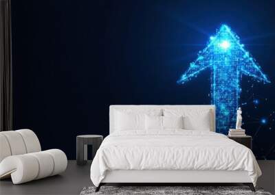 The glowing blue arrow, formed from numerous particles, points upward, representing advancement and growth in technology, set against a deep dark backdrop Wall mural