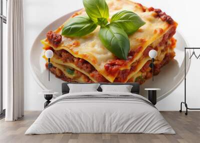 The lasagna is on a white plate with an isolated, transparent background. Wall mural