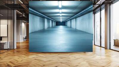 The underground parking garage features bright lighting illuminating the long passageway, showcasing concrete walls and a flawless floor under the evening glow Wall mural