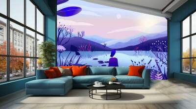 This graphic illustration of meditation in nature offers a tranquil escape, perfect for themes of self-care, mindfulness, and peaceful reflection. Wall mural