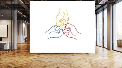 Three fists connect. Line drawing vector illustration. Wall mural