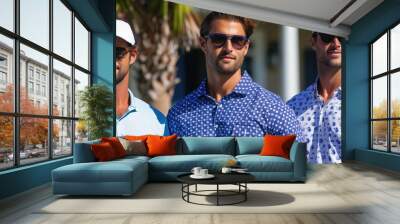 Three men wearing fashionable golf attire and sunglasses standing outside under a sunny sky. Representation of leisure activities, outdoor sports fashion, and style. Wall mural