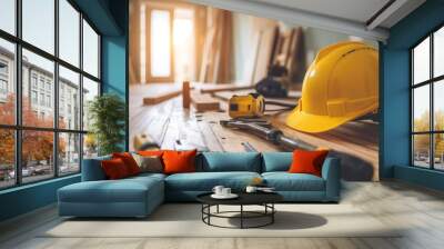 Tools and a yellow safety helmet are arranged on a wooden floor amidst renovation, highlighting an active construction site in a bright, unfinished interior Wall mural