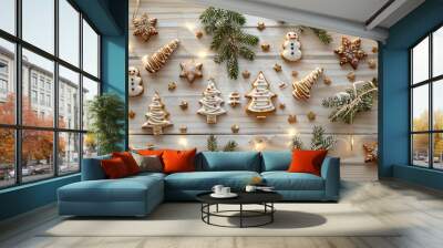 Top view border from gingerbreads, spruce and lights on the wooden background. New year backdrop with copyspace Wall mural