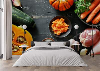 Top view of fresh ingredients including raw chicken, pumpkin, carrots, spices, and herbs on a black wooden table, ready for autumn cooking. Wall mural