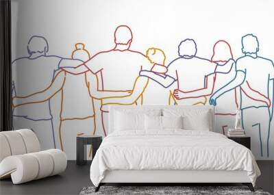 Tourism, travel, people, leisure and teenage concept - group of happy friends hugging. Colour line drawing vector illustration. Wall mural