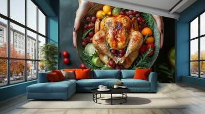 Traditional American Thanksgiving turkey basted to a succulent golden-brown surrounded by fresh vegetables on an antique wooden table isolated on a gradient background, top view Wall mural