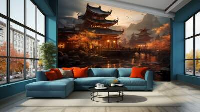 traditional chinese temple illuminated by a golden sunset Wall mural