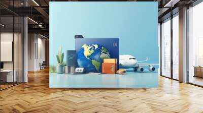 travel concept with airplane, world famous landmark and luggage travel Wall mural