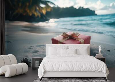 Tropical holiday cheer: red gift box on white sandy beach under palm trees Wall mural