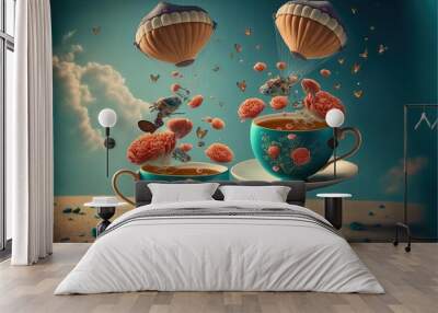 two cups of tea with a bunch of balloons floating above them in the sky above a table with a plate and cup of tea. Wall mural