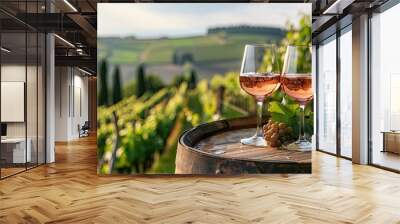 two glasses of wine on the background of a field of grapes Selective focus Wall mural