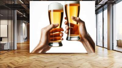 two hands raising beer glasses toasting Isolated on white background Wall mural