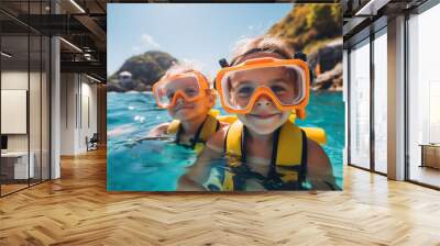 Two happy children in snorkeling masks swimming in the sea. Generative AI Wall mural