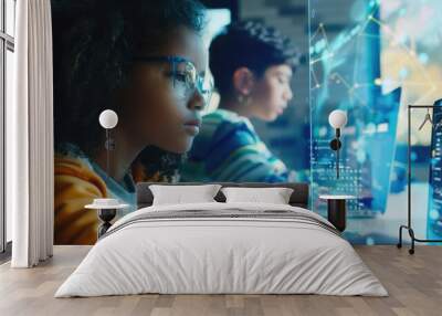 two parallel scenes where one group of students has access to advanced technologies in the classroom, Wall mural