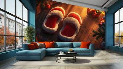 Two red and white fluffy Christmas slippers placed on a wooden floor next to a Christmas tree, with soft lighting and festive ornaments around, creating a warm and comfortable holiday setting. Wall mural