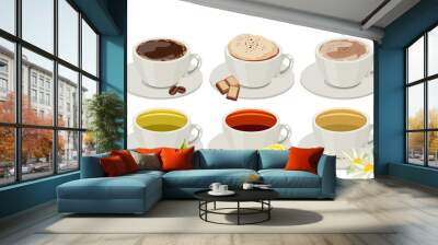 Set of cups with hot drinks. No gradients,no meshes Wall mural