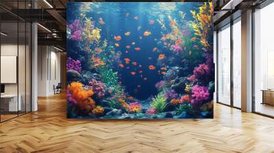 Underwater with colorful sea life fishes and plant at seabed background, Colorful Coral reef landscape in the deep of ocean. Marine life concept, Underwater world scene Wall mural