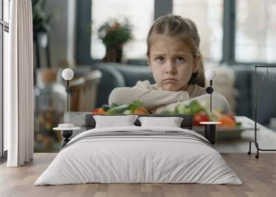 Unhappy young girl frowning at plate of vegetables, sitting at table in modern room Wall mural