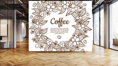 Vector banner template with branches of coffee tree with flowers, leaves, berries and beans. Border coffee plant Wall mural