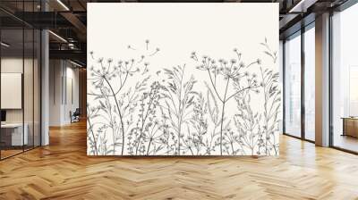 Vector illustration with wild and dry herbs. Black and White. Panoramic horizontal seamless pattern. Autumn meadow. Ornament for wallpaper, card, border, banner or your other design. Engraving. Wall mural